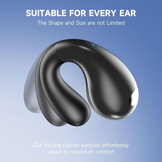 Open Ear Earbuds Wireless Bluetooth 5.3 Flexible Clip On Open Ear Earbuds with 36H Playtime LED Display Bone Conduction IPX7 Lightweight Fit for Every Ear, Sport, Workout