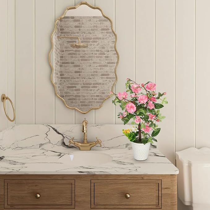 Hollyone Artificial Plants & Flowers in Vase Pink Camellia Roses Faux Flower Plant Arrangement with Pot Fake Rose Flowers Home Decor Office Bathroom Shelf Desk Table Decoration