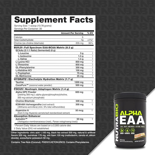 NutraBio Alpha EAA - All-Day Amino Acids for Muscle Growth and Hydration - Essential Amino Acids with Nootropics & Adaptogens- Full Spectrum EAA BCAA Powder - 30 Servings - Peach Tea