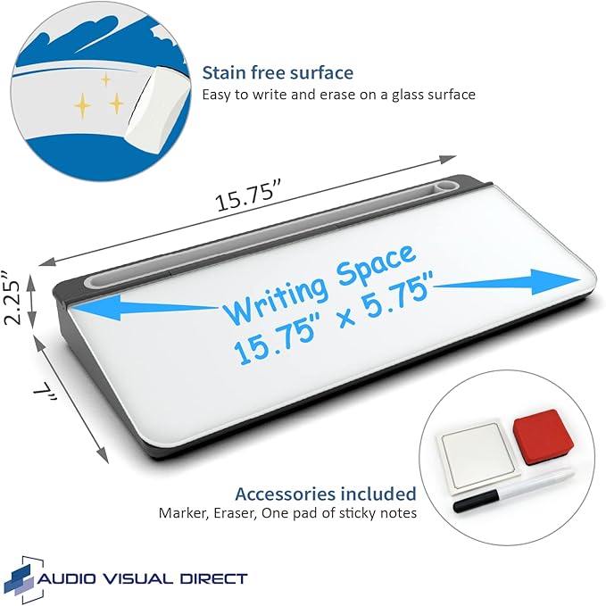 Audio-Visual Direct White Glass Desktop Notepad Set - Dry Erase Board with Marker, Eraser & Sticky Notes -