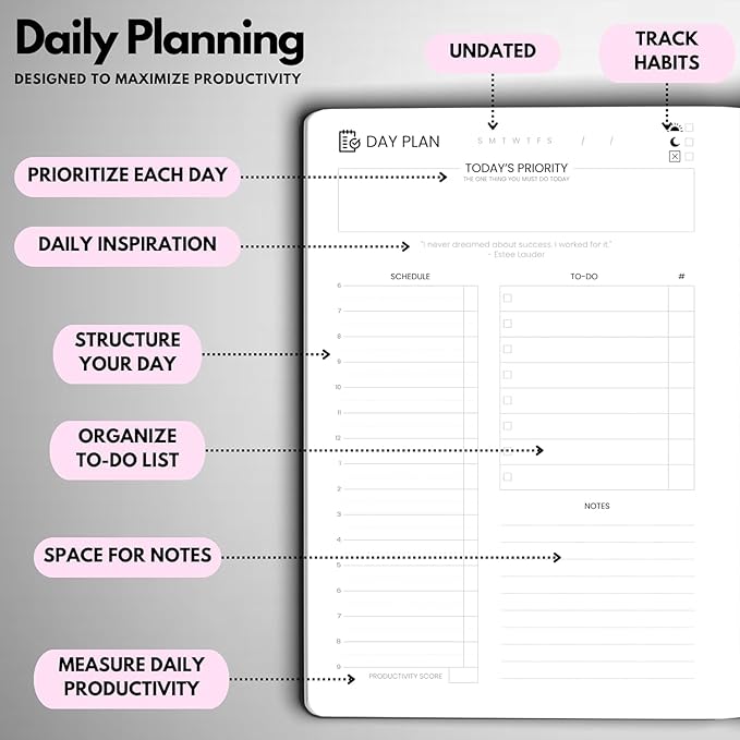 Undated Daily Planner – 3-Month A5 Productivity Organizer with Full Page Per Day, Hourly Schedule, Goal Setting, Habit Tracker, Weekly & Monthly Pages – Hardcover Time Management Notebook (Pink)