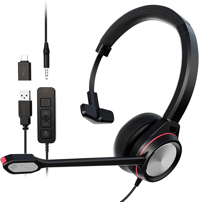 USB Headset with Microphone, Type-c/USB/3.5mm Jack 3-in-1 PC Headset, Wired & Noise Cancelling Headphone with Mic Mute for Call Centers, Teams, Zoom, Home Office, Online Courses