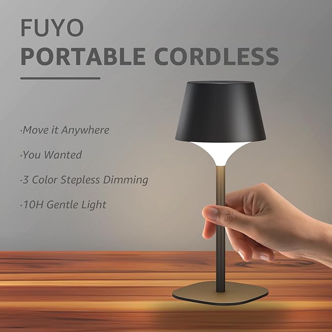 FUYO 2 Pack Cordless Table Lamp, Portable LED Desk Lamp, 3 Color Stepless Dimmable Rechargeable LED Table Lamp for Restaurant/Bedroom/Bars/Outdoor Party/Camping/Coffee Shop