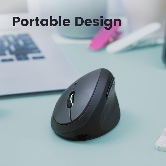 Perixx PERIMICE-819B Bluetooth Portable Vertical Mouse - Wireless 3-in-1 Multi-Device Spec - Silent-Click - Portable Compact Size - Black - Right Handed