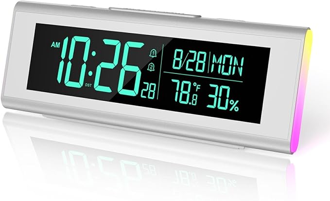 Digital Alarm Clocks for Bedrooms, LED Desk Clock with RGB Night Light, Brightness Dimmer, Date, Week, Temperature Large Display, Modern Decor for Desk, Office, Gift for Kids, Teen, Adults (Silver)