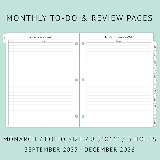 newestor 2025-2026 Monthly Planner Refill for 3 Ring Binder, Sep 2025 - Dec 2026, Two Pages Per Month, 8-1/2" x 11", Monarch/Folio Size 5
