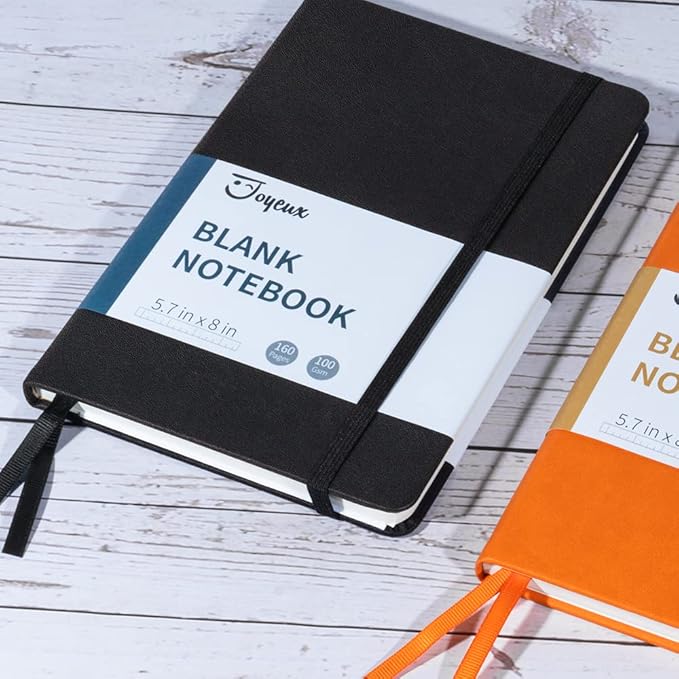 JOYEUX Blank Journal Notebook, A5, 160 Pages 100 Gsm Thick Sketch Books Hardcover Journal for Writing, 5.7 inches x 8 inches Notebooks for Work (Black)
