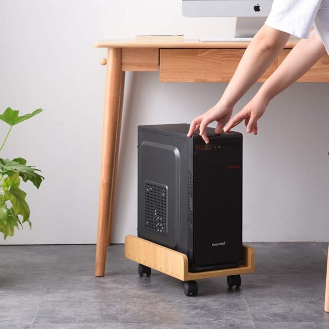 KIRIGEN Computer Tower Stand Cart - Heavy Duty Desktop Mobile Cart Holder for Computer Host with 4 Mute Caster Wheels - Wood Rolling ATX PC Case Rack, CPU Case Protecting Shelf (ZJJ Dark Brown)