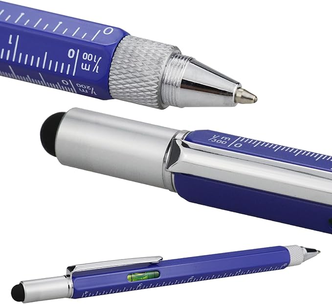 HeTaoCat Metal Multi-tool - 6-in-1 Stylus Pen with Screwdriver, Phillips & Flathead Bits, Ballpoint Pen, Stylus, Bubble Level, Ruler (Blue)