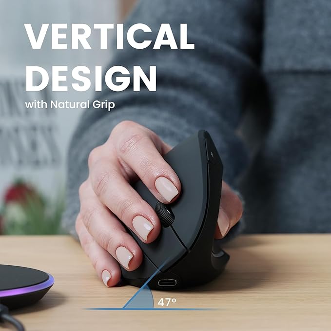 Perixx PERIMICE-713RX Wireless Rechargeable Vertical Mouse - Duo Wired and Wireless Charging Feature - Charging Pad Included - 6 Buttons Design - Black - Right-Handed Design