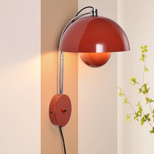 COSYLUX Modern Sleek Plug in Wall Sconce, Hardwired & Corded 2in1 Design Metal Wall Light Fixtures for Bedroom Bedside Reading, Mid-Century Flower Bud Wall Sconces with Switch, Red