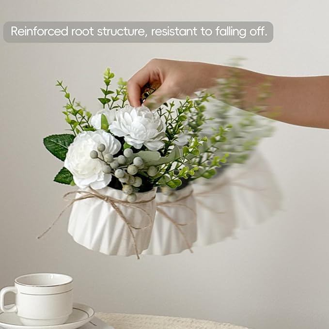 Faux Flowers with Vase, 2pcs Small White Artificial Flowers Arrangement, Potted Plants,Decoration for Bathroom Home Party Office Desk Wedding,Coffee Table Decor (White)