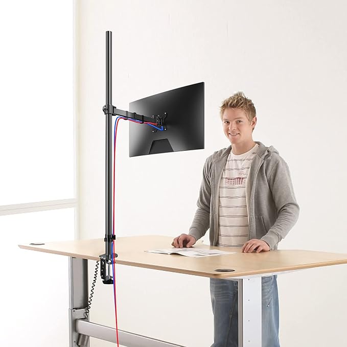Pholiten Extra Tall Single Monitor Desk Mount Stand with 47 inch Pole for 13 to 27 inch Screens,Fully Adjustable Monitor Arm Mount for Desk, Holds up to 22lbs