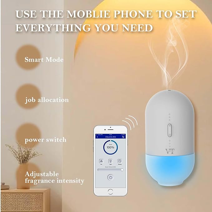 Essential Oils Diffuser Waterless Scent Diffuser, Smart APP Bluetooth Control,Wall Mounted, with Fragrance Oil, Cover Up to 500 SQ.FT for Room Home and Office, Quiet and Safe, Grey