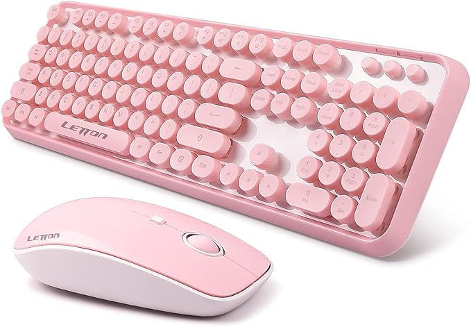 Pink Wireless Keyboard Mouse Combo,104 Round Keys Cute Colorful Keyboard Retro Typewriter Style,Letton Full Size Keyboard with Number Pad&Mouse with 3 DPI for PC Mac Laptop Computer Windows