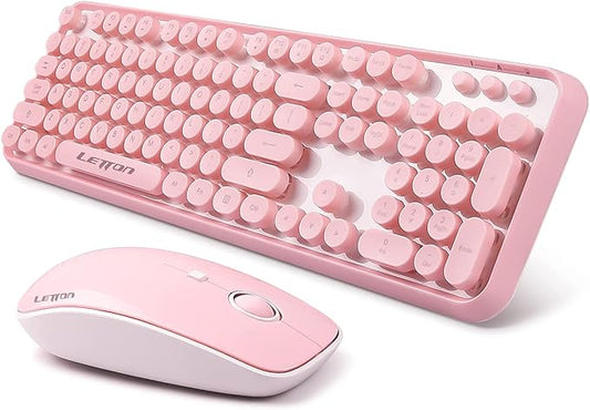 Pink Wireless Keyboard Mouse Combo,104 Round Keys Cute Colorful Keyboard Retro Typewriter Style,Letton Full Size Keyboard with Number Pad&Mouse with 3 DPI for PC Mac Laptop Computer Windows