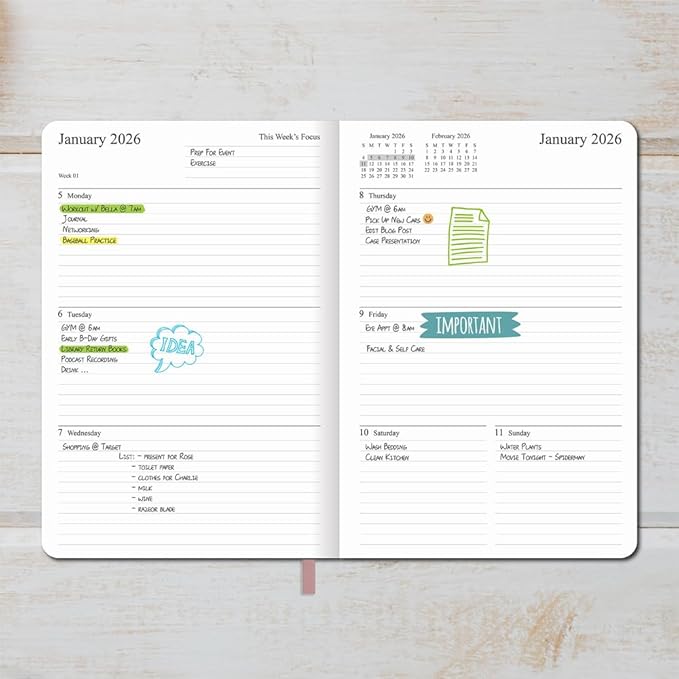 2025-2026 Planner - Weekly and Monthly Planner, Oct 2025 - Dec 2026, Holidays, Contacts and Notes Pages, Vegan Leather Cover, Elastic Closure, 5.5”x8.25”, Rose Gold