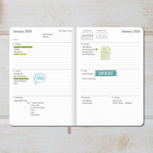 2025-2026 Planner - Weekly and Monthly Planner, Oct 2025 - Dec 2026, Holidays, Contacts and Notes Pages, Vegan Leather Cover, Elastic Closure, 5.5”x8.25”, Rose Gold