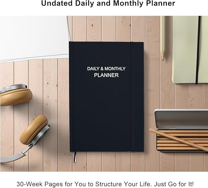 Daily & Monthly Planner for 2025 2026 or Anytime - ADHD Planner Two Pages Per Day, Daily Planner Undated to Increase Focus, Eliminate Overwhelm, Achieve Your Biggest Goals, 5.8'' × 8.3'', Black