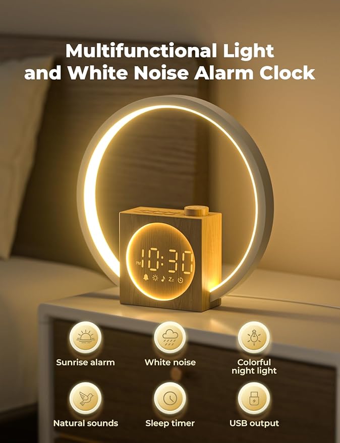 LIORQUE Sunrise Alarm Clock, Wake up Light with White Noise for Heavy Sleepers, Adjustable Sleep Timer, Volume&Brightness, Night Light with Dynamic Colors, 30 Sleep Sounds for Baby Kids Adults