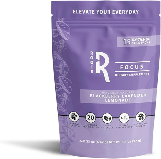 Roots Focus Nootropic Brain Supplement, BlackBerry Lavender Lemonade, Blend of Lion's Mane, Cordyceps, & Reishi Functional Mushrooms with Extended-Release Caffeine, 15 Servings