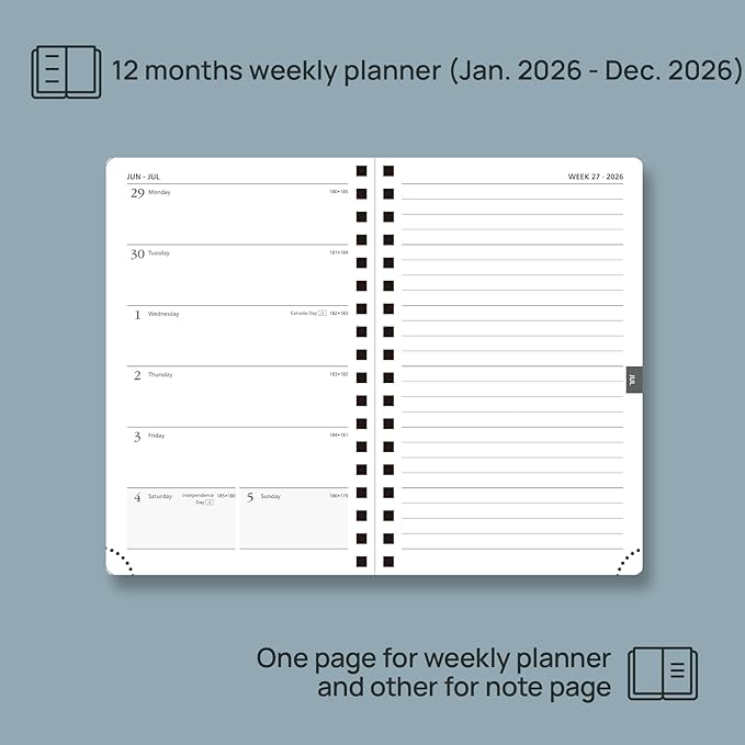 POPRUN 2026 Planner Weekly Notebook (Jan-Dec), Small Size 4''x 6.25'' - 2026 Pocket Calendar for Purse with Spiral Soft Cover, Plastic Ruler, Inner Pocket, 100 GSM TJ - Petrol