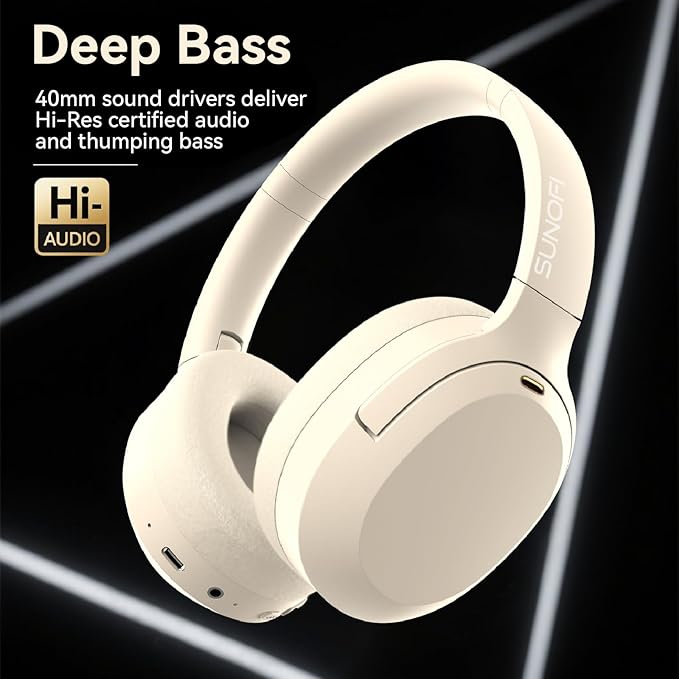 Hybrid Active Noise Cancelling Headphones, Wireless Over Ear Bluetooth Headphones with Mic, 40H Playtime, Hi-Res Audio, Deep Bass, Foldable Comfort Fit Ear Cups for Travel, Office, Home (White)