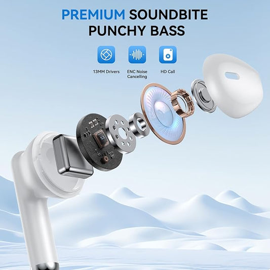 Wireless Earbuds, 2025 Bluetooth 5.4 Bass Stereo Headphones with 4 ENC Mic, 50H Playback Ear Buds with Charging Case LED Display,Sport Earphones IPX7 Waterproof for Phone, Android, Pad, White