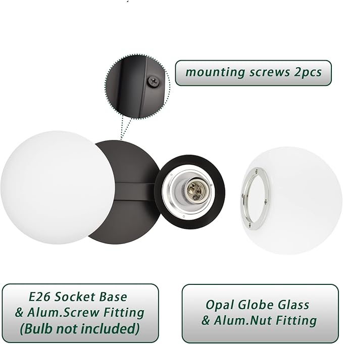 Bathroom Vanity Light Fixtures, Modern 2 Lights Globe Wall Sconce Lighting Matte Black, Porch Wall Mount Light Fixture for Bathroom, Mirror Cabinets Hallway Stairs (Matte Black, 2-Light)