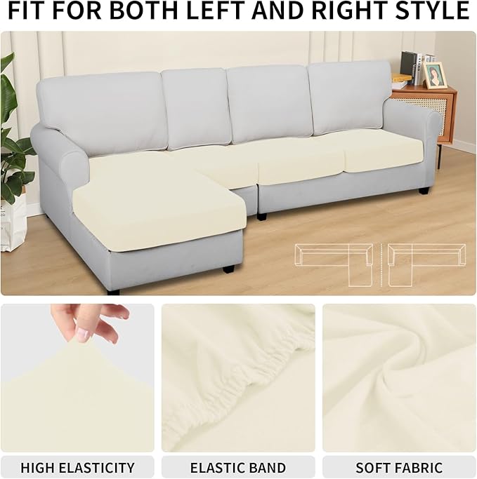 Easy-Going 100% Waterproof 4 Pieces Couch Cushion Covers for Sectional Sofa Left/Right L Shape Chaise Lounge Sofa Seat slipcover Anti-Slip Sofa Cover (3 Seater + 1 Chaise, Ivory