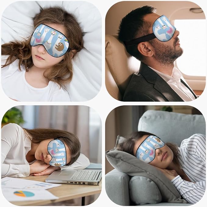 White Llamas Sleep Mask Eye Mask Alpaca Sloth Rainbow Glasses Llamas Cute Flowers Blue Sleep Mask Light Blocking Adjustable Smooth Soft Eye Masks for Women Deep Rest Travel