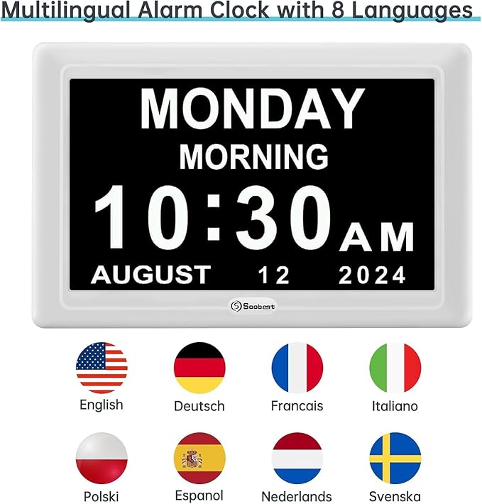 Soobest Digital Dementia Alarm Clock for Seniors Elderly, Electric Large Display Date Day of Week Time Calendar Clock 20 Reminders 3 Ringtones for Memory Loss Alzheimers, Auto DST/Dimmer, 1024*600P HD