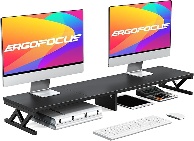Dual Monitor Stand Riser, Large Wood Monitor Lift with Storage, Sturdy Wood&Steel Multi Screen Stand, Desktop Organizer