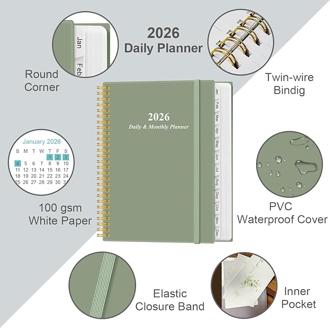 2026 Daily & Monthly Planner - One Page Per Day, Daily Planner from January 2026 - December 2026, Planner 2026 with 12 Monthly Tabs, 8.5" x 11", Green
