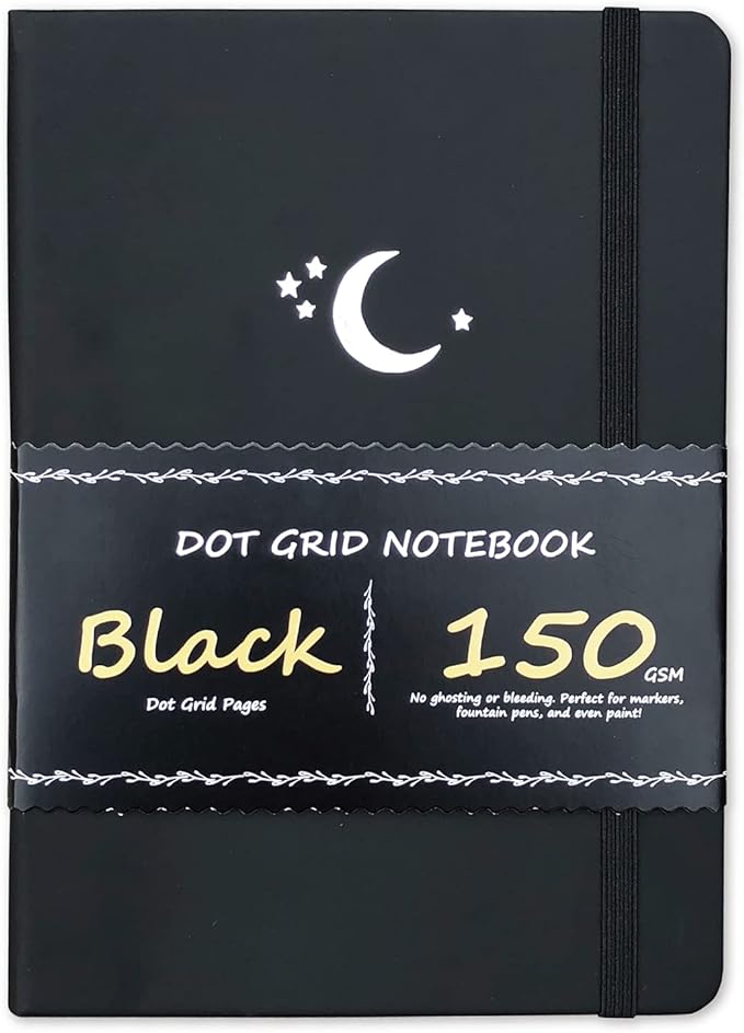 BUKE Dotted Journal - Dot Grid Notebook - 150gsm No Bleed Black Paper - 160 Black Pages - For Women and Men - A5 PU Leather Hardcover 5.75" x 8.5" and Gift Box MOON Stars(BKB-4)