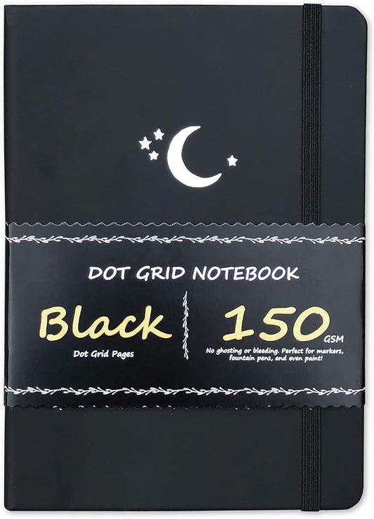 BUKE Dotted Journal - Dot Grid Notebook - 150gsm No Bleed Black Paper - 160 Black Pages - For Women and Men - A5 PU Leather Hardcover 5.75" x 8.5" and Gift Box MOON Stars(BKB-4)