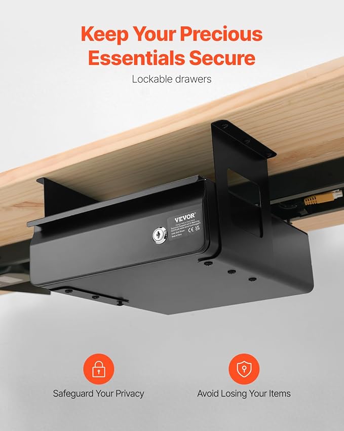 VEVOR Under Desk Lockable Slide Out Drawer, 13 inch Under Desk Pull-out Drawer for Sit Stand Workstation, Secure Under Counter Drawers for Home Office Storage Organizer, Black