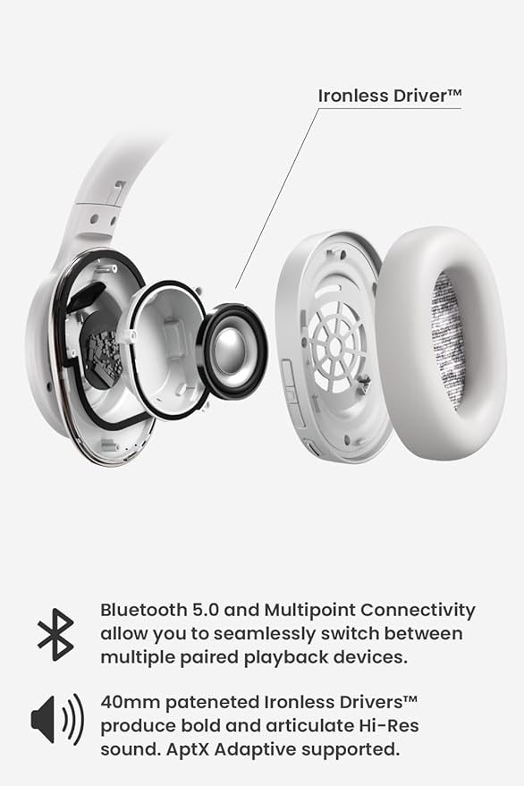 Cleer Audio Enduro ANC Noise Canceling Headphones, Bluetooth Multipoint Connection, Over-The-Ear Design with Mic, Crystal Clear Hands-Free Calling, up to 60 Hours of Battery Life - Light Grey