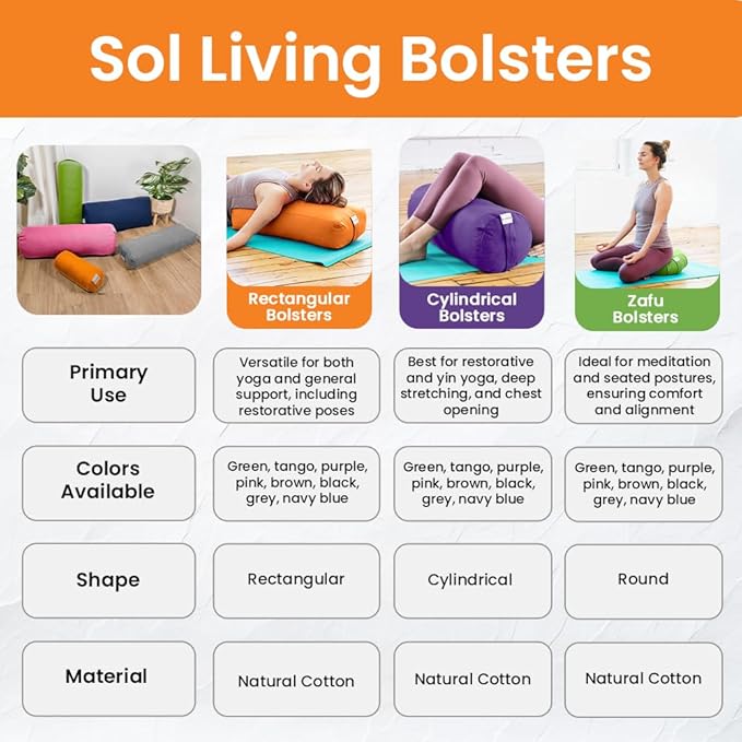 Sol Living Yoga Bolster Pillow for Restorative Meditation - 100% Cotton Cylindrical Cushion with Washable Cover for Balance Support in Asana Poses