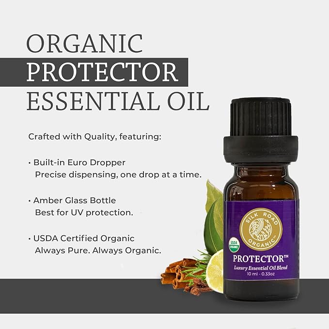 Silk Road Organic Protector Essential Oil Immunity Blend, Based on Thieves Oil Legend, 100% Pure USDA Certified Health Shield Aromatherapy - 10 ml Dropper - Always Pure, Always Organic