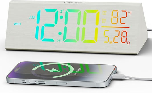 Solid Wood Digital Alarm Clock for Bedroom - 8.8 Inch Large Display for Living Room, See Time Instantly! Multicolor Backlight Time Display, Dual Alarms, Date/Temp/Day, DST, Snooze (White)