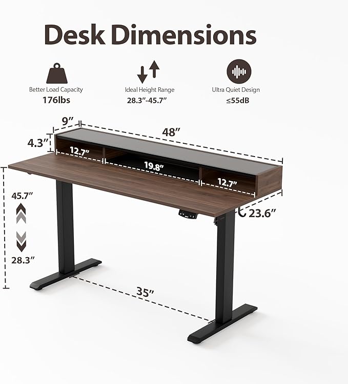 Agilestic Glass Standing Desk with Storage, 48 Inch Electric Adjustable Desk with Glass Shelf and Cable Management, Sit Stand Up Home Office Computer Table, Splice Board, Dark Walnut