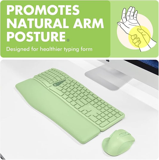 X9 Green Ergonomic Keyboard Mouse Wireless Combo - Type Comfortably Longer - 2.4G/Bluetooth Split Keyboard, Multi-Device, Soft Wrist Rest, Rechargeable, Silent Ergo Keys - Laptop, PC, Mac,iOS,Android