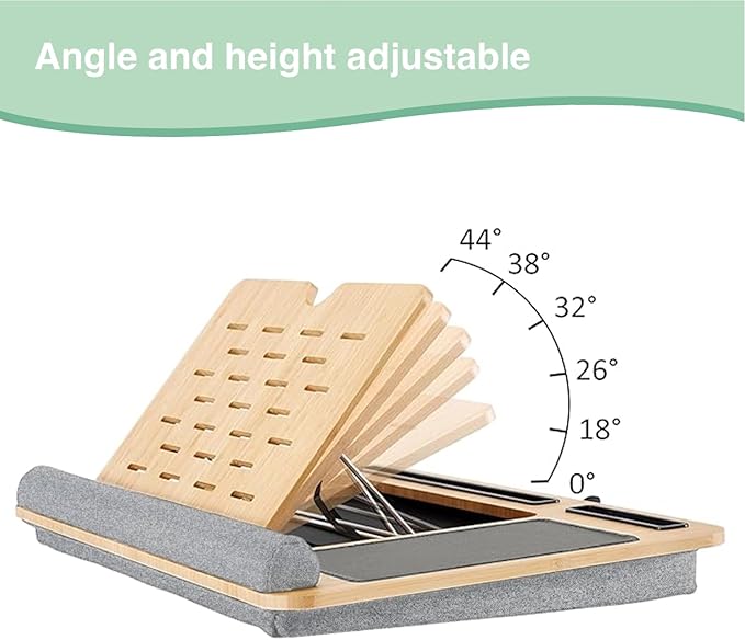 Bamboo Laptop Lap Desk with Cushion, Angle Adjustable Laptop Computer Stand Bed Desk, Portable Lap Desk w/Handles, Tablet & Phone Holder, Mouse Pad & Shields Heat (Grey)