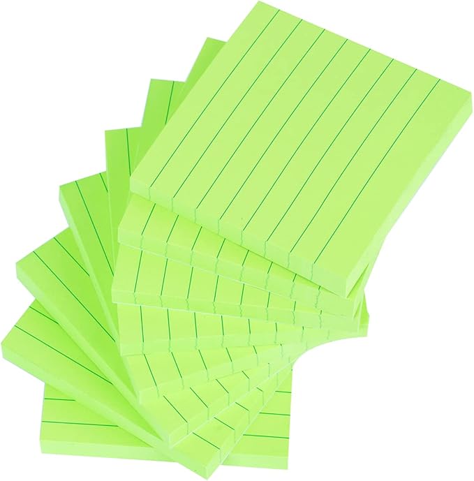 Vanpad Lined Sticky Notes 3x3 Inches, Bright Green Ruled Self-Stick Pads, Easy to Post for Home, Office, Notebook, 8 Pads/Pack