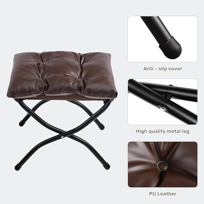HollyHOME 15" H Folding Footrest Stool,Upholstered Foldable Ottoman with Padded Design. Features Metal Frame for Portability. Ideal for Sofas, Lazy Chairs,Living Room,Bedroom.PU Brown