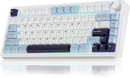 AULA F75 75% Wireless Mechanical Keyboard, Hot Swappable Creamy Keyboard, Pre-lubed Reaper Switches, 2.4GHz/Type-C/BT5.0, RGB Backlit Gaming Keyboards(White & Blue)
