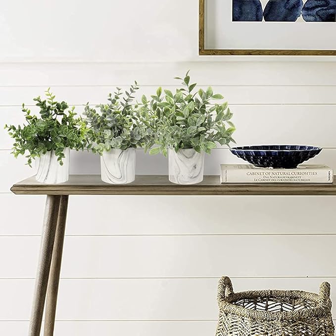 Hollyone Mini Artificial Potted Plants Fake Plants in Marble Pots, 3Pcs Plastic Eucalyptus Greenery Faux Plants for Home Office Desk Room Centerpiece Shelf Décor