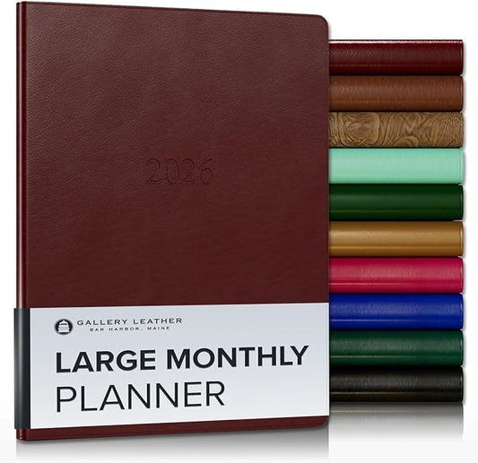 Gallery Leather Large Monthly Planner 2025-2026, Elegantly Bound Calendar Planner and Notebook with Stylish Gold-Gilded Page Edges, 18 Months - Tremont Garnet - 9.75x7.5"
