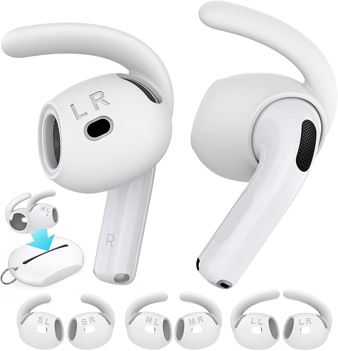 AhaStyle Ear Hooks for AirPods 4th Generation (2024) 【Added Storage Pouch】 3 Pairs S/M/L Anti-Slip Ear Covers Silicone Accessories Compatible with Apple AirPods 4th Gen (Large+Medium+Small, White)